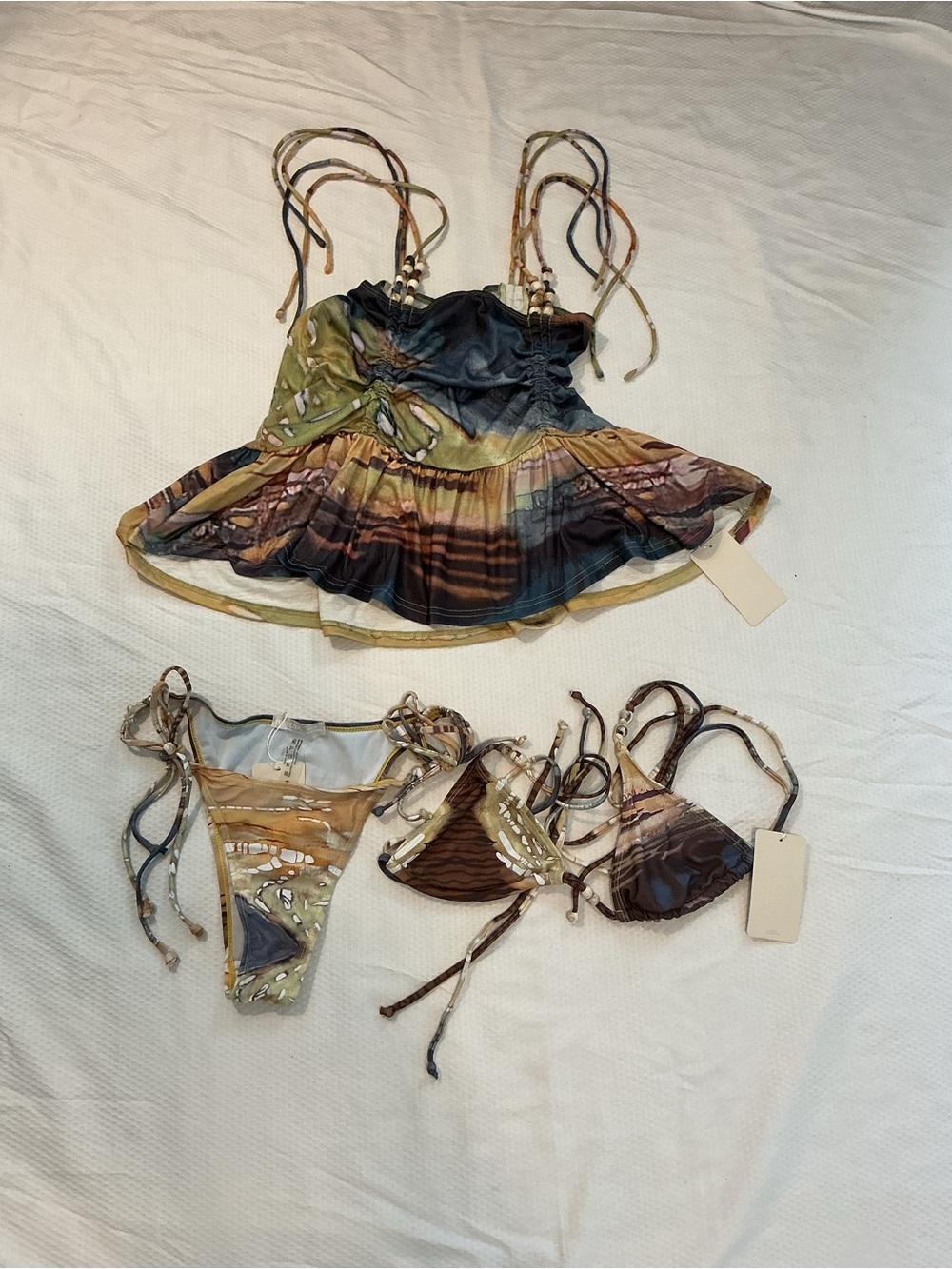 MUSERA Printed Tie-Side Bikini Bottoms in Olive, Brown & Navy
